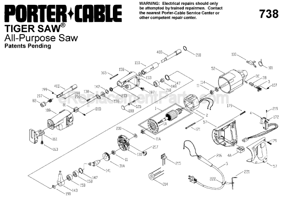 Page A Diagram and Parts List for 738 Type 3 Porter Cable Reciprocating Saw